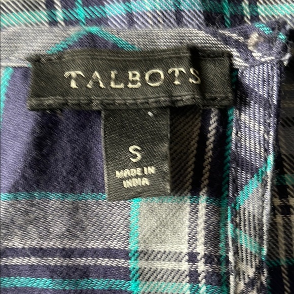 TALBOTS Blue Plaid Top Embroidery Flowers Scalloped Edge Long Sleeves Small - Picture 10 of 11